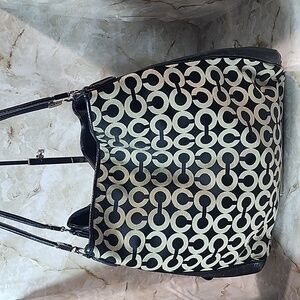 Coach Signature Monogrammed Black Leather Hallie Tote ShoulderBag Purse